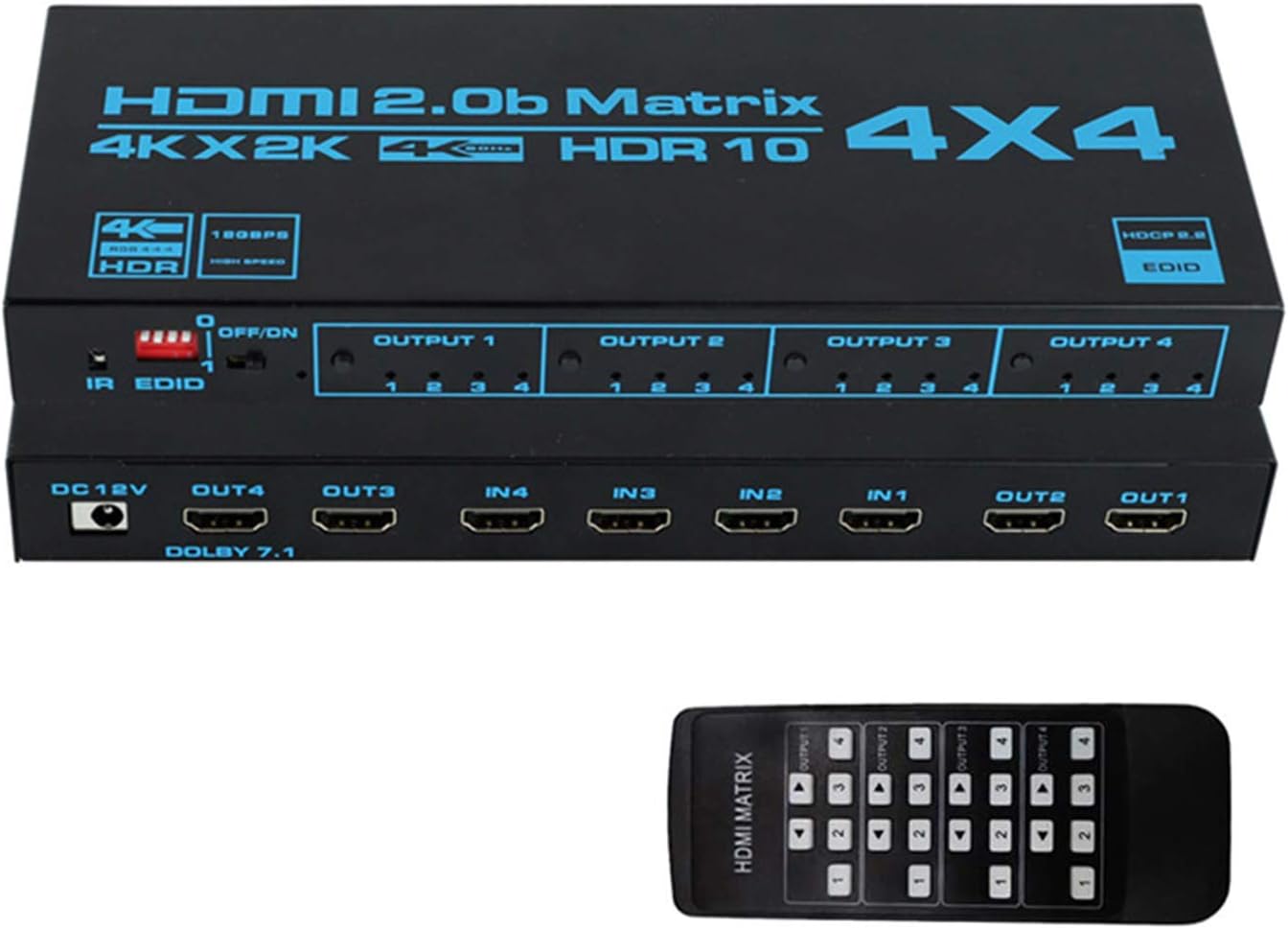 HDMI Matrix switcher 4x4, 4K HDMI Matrix switcher Splitter 4 in 4 Out Box, with EDID Extractor and Infrared Remote Control, Support 4K HDR, HDMI 2.0b, HDCP 2.2, 4K @ 60Hz, 3D, YUV 4:4: 4