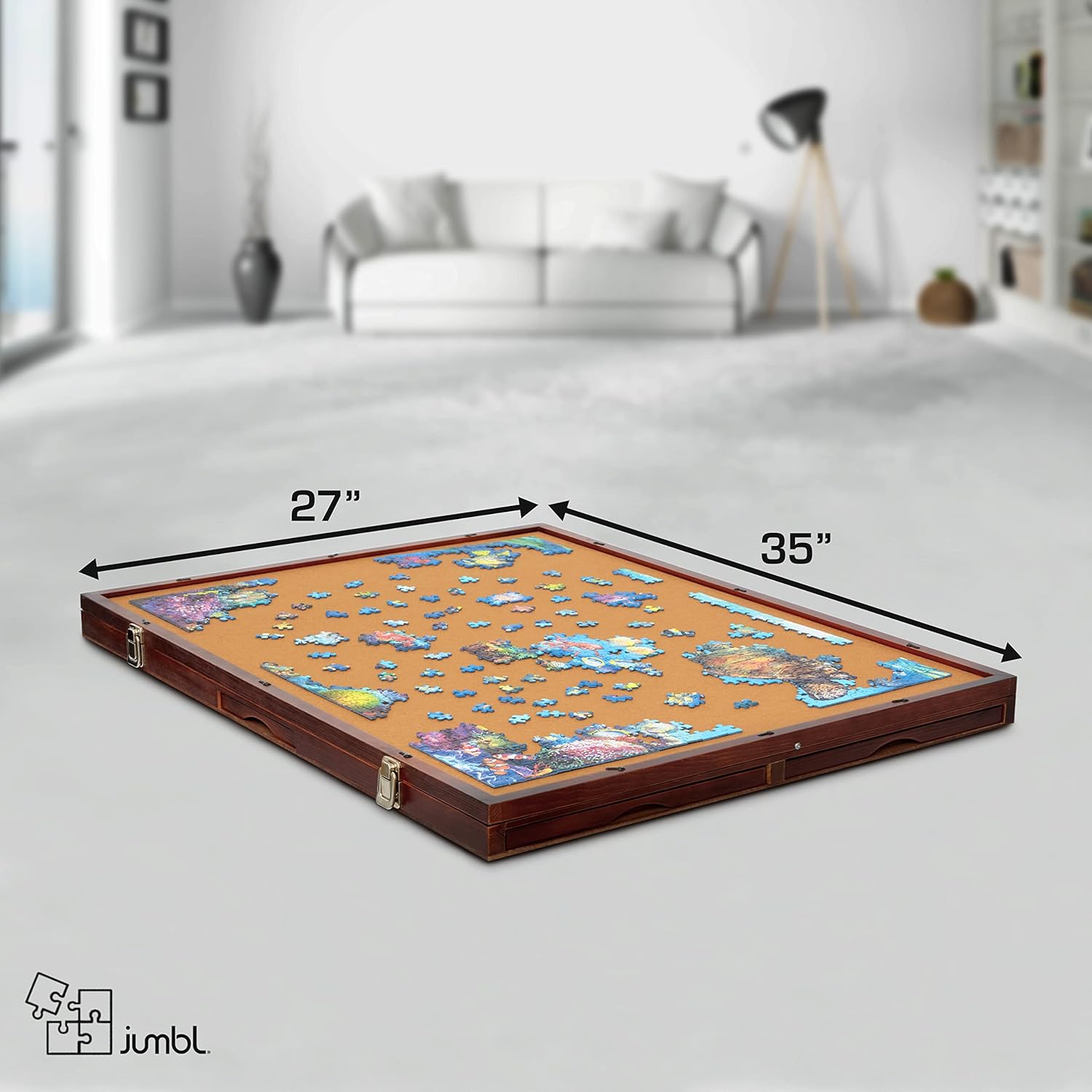 Jumbl Premium 1500-Piece Tilting Puzzle Board w/Felt Surface, 6 Removable Sorting Drawers Surface, Interlocking Cover | 27” x 35” Wooden Jigsaw Puzzle Table | Reinforced Hardwood Construction