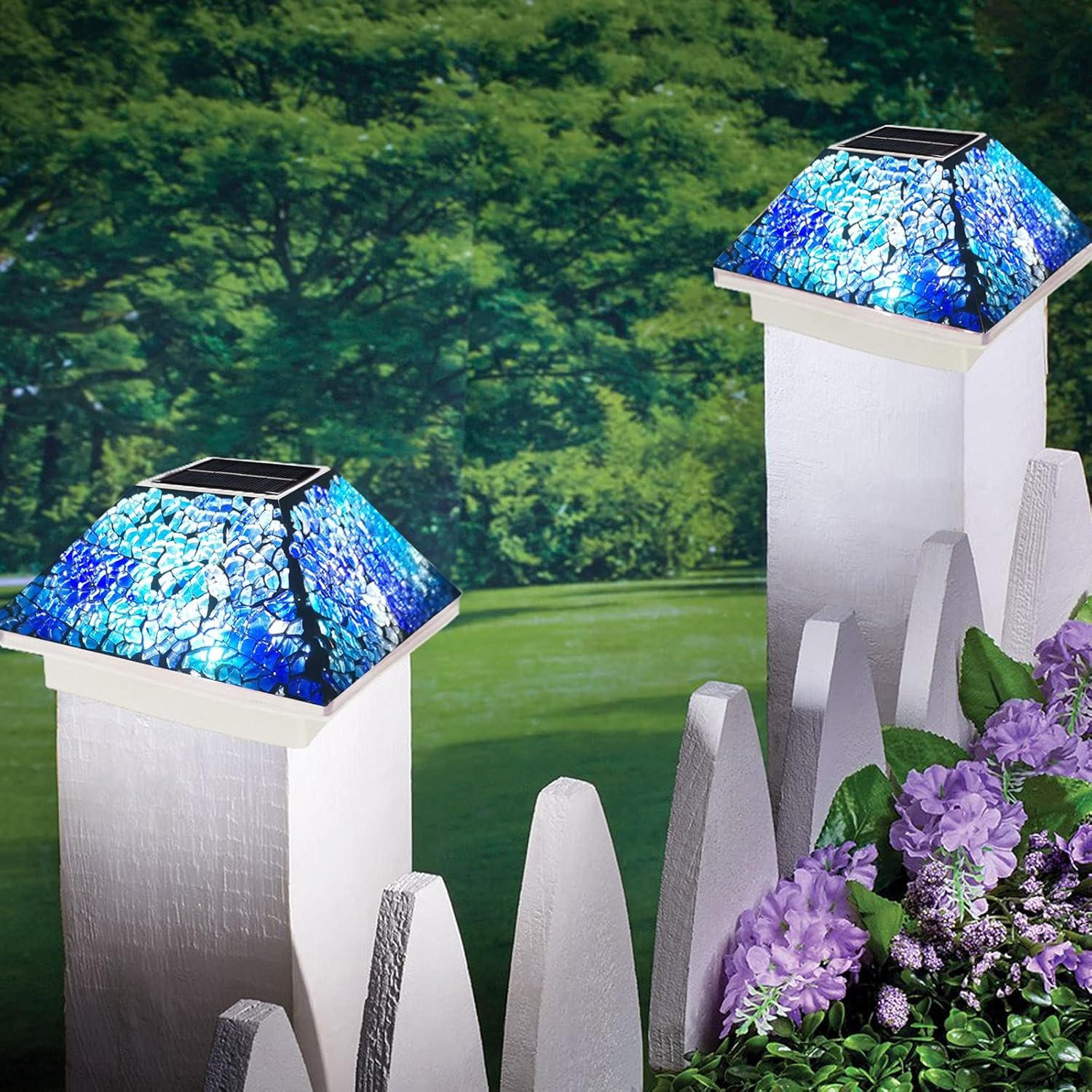 2PK Mosaic Solar Post Cap Lights Outdoor for 4x4, 3.5x3.5 Post Crackled Glass Deck Fence Lamp Weatherproof LED Light Decor in Garden, Yard, Outdoor Table, Balcony, Landscape- Cyan Blue