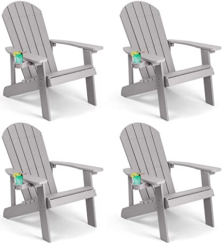 Adirondack Chair, All Weather Resistant Plastic Chairs with Cup Holder, 5 Easy Steps to Install, Outdoor Chairs for Patio, Garden, Backyard Deck, Lawn, Fire Pit - Teak