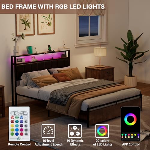 Full Bed Frame with 2 Storage Drawers, 2-Tier Storage PU Headboard with Charging Station& LED Lights, Metal Platform Bed/No Box Spring Needed/Noise Free/Black