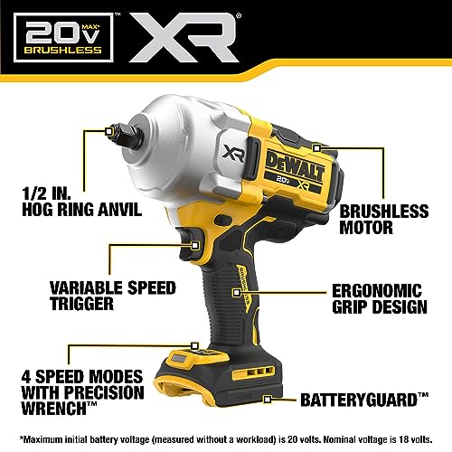 DEWALT 20V MAX Cordless Impact Wrench, 1/2" Hog Ring, High Torque, Brushless, Bare Tool Only (DCF961B)