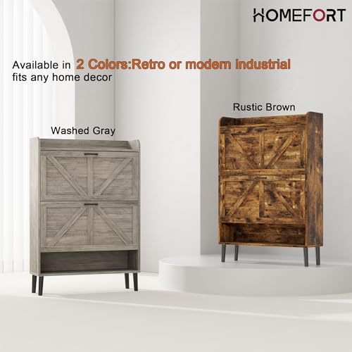 HOMEFORT Shoe Storage Cabinet for Entryway, Slim Shoe Organizer with Two Flip Drawers, Narrow Shoe Rack Cabinet with Wood Legs, Farmhouse Hidden Shoe Cabinet for Front Door Entrance,Rustic Brown