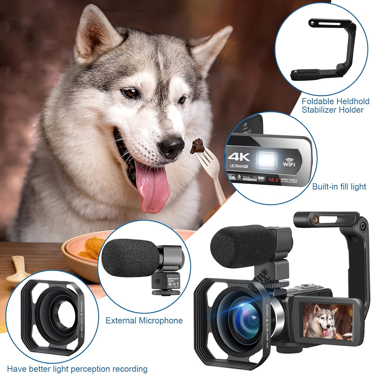 Video Camera 4K Camcorder, 48MP 60FPS WiFi Vlogging Camera 3.0 Inch Touch Screen 18X Zoom Digital Camera YouTube Camera with Microphone, 2.4G Remote Control, Lens Hood, 2 Batteries, 32GB SD Card