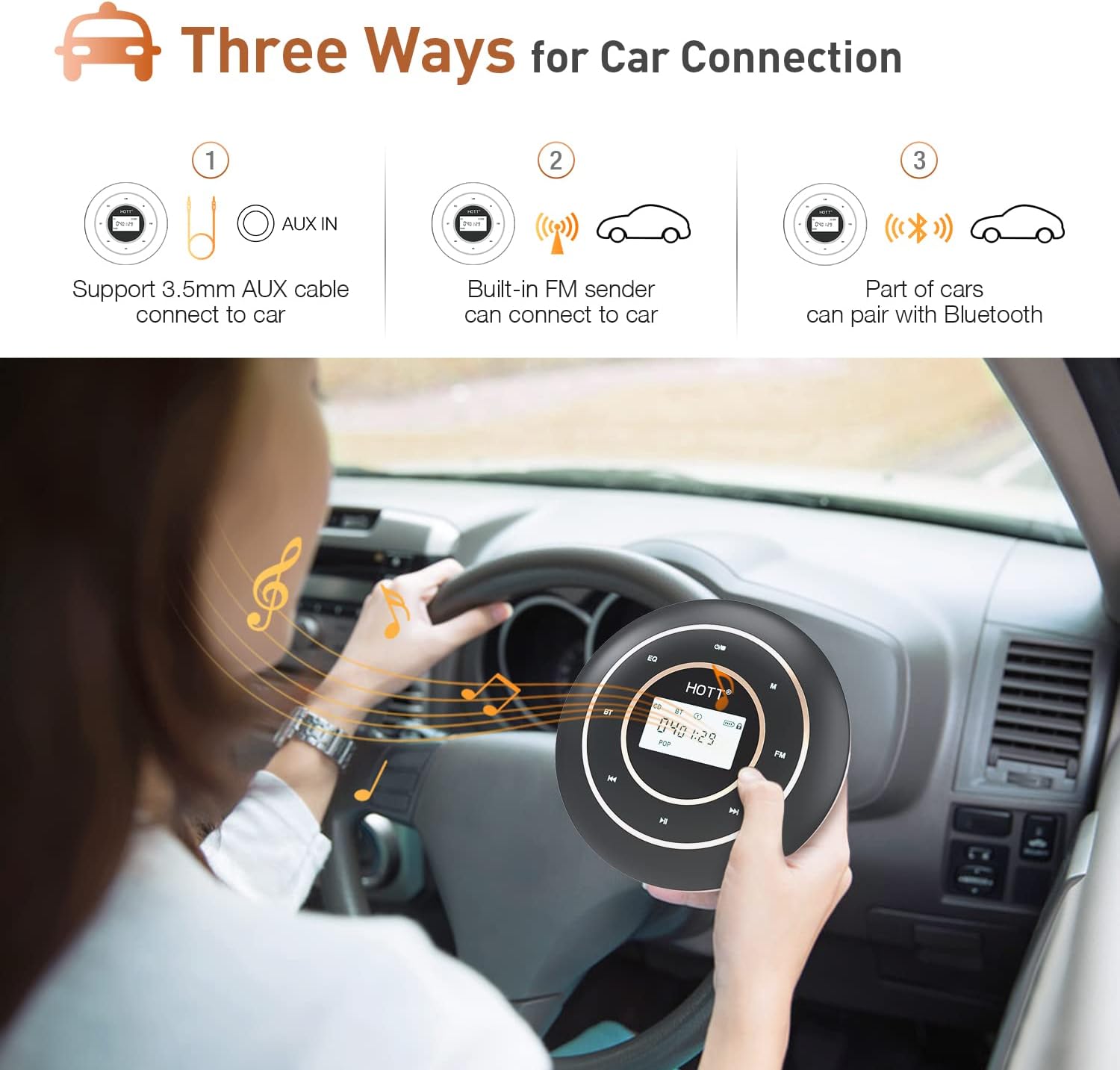 HOTT C105 Portable CD Player with Larger LCD Display, CD Player Portable for Car with Bluetooth and FM Transmitter, Walkman CD Player with Headphone Jack AUX Cable for Kids Adults - Home Travel