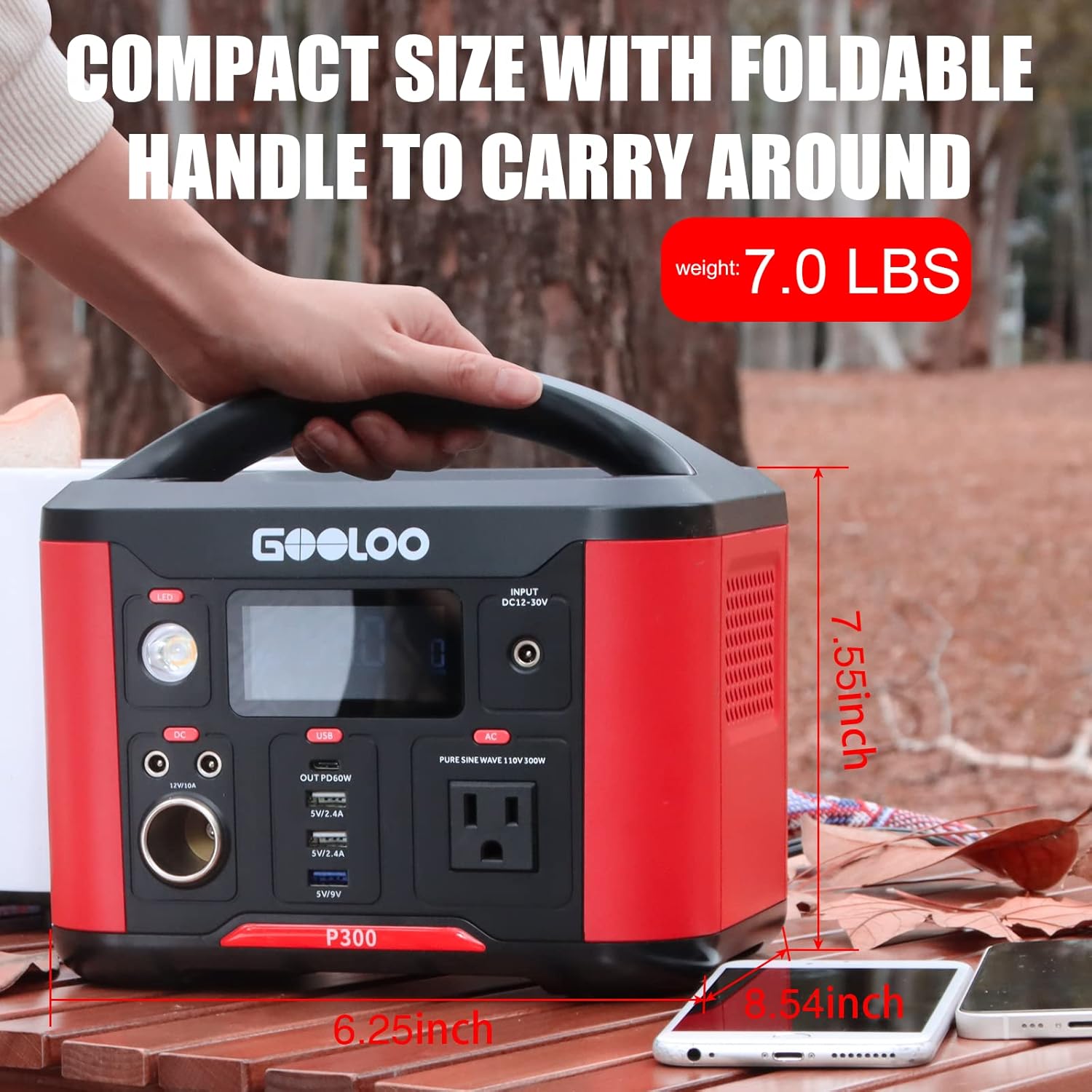 GOOLOO Portable Power Station P600, 626Wh Outdoor Generator with 110V/600W AC Outlets & LED Flashlight,PD 60W Input/Output, QC 3.0 Port, SuperSafe Backup Lithium Battery for Outdoor RV/Van Camping, Emergency