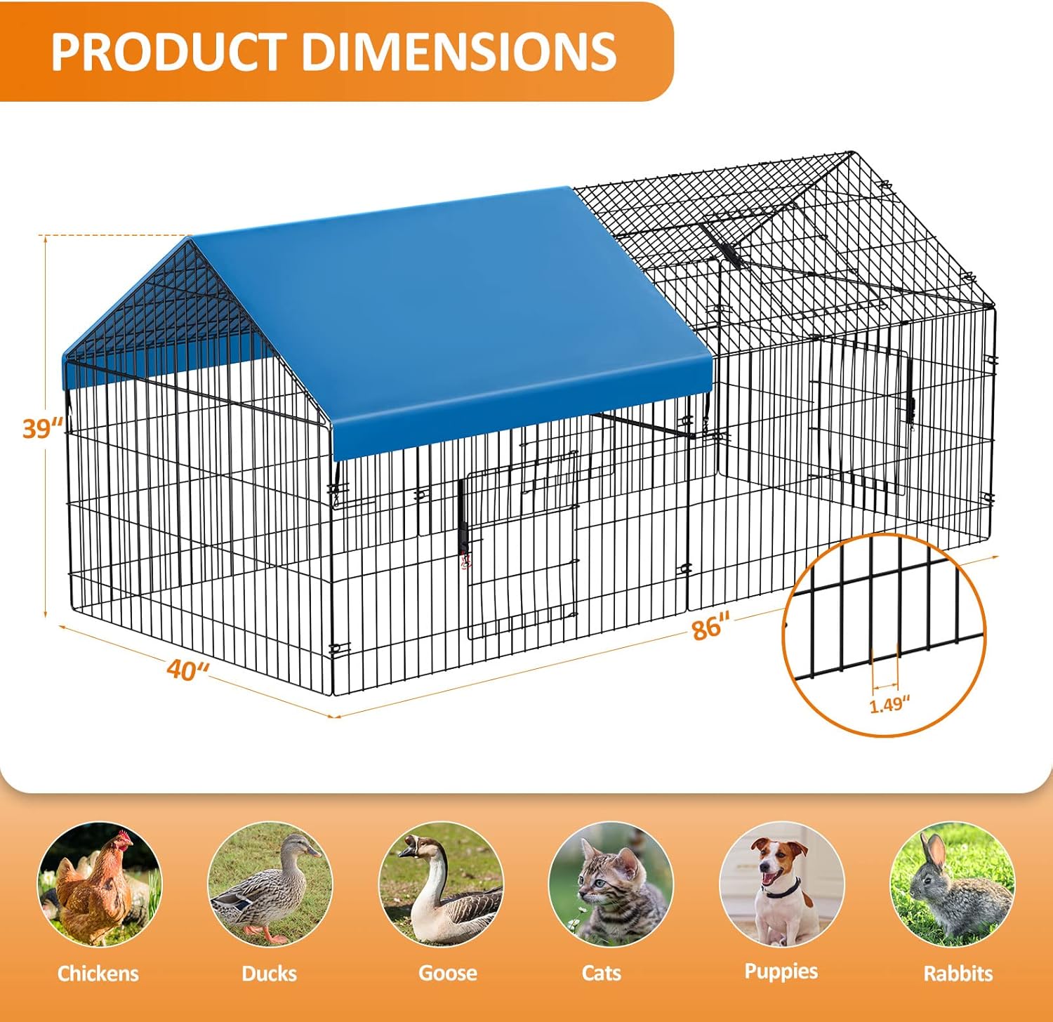 Metal Chicken Coop 86"×40"×39" Chicken Runs for Yard with Cover Chicken Playpen Enclosure Chicken Pen Kennel Duck CoopCage for Outdoor Backyard Farm Rabbit Small Animal Dog Poultry Cat Hutch