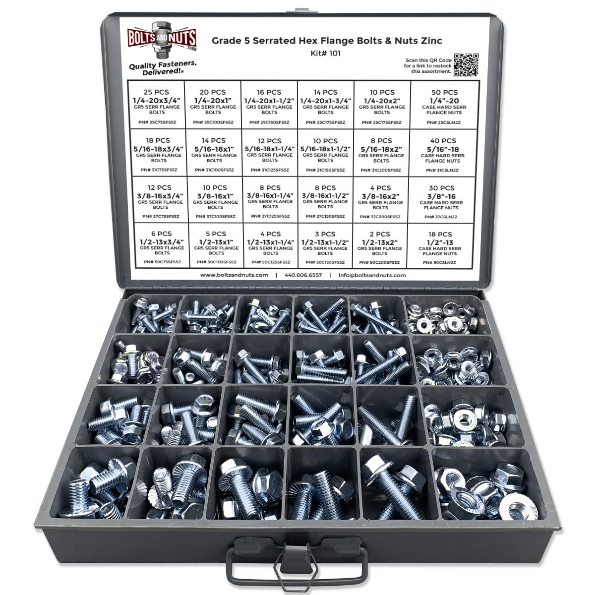 Grade 5 Serrated Hex Cap Flange Bolt & Flange Nut Assortment Kit - 348 Pieces!