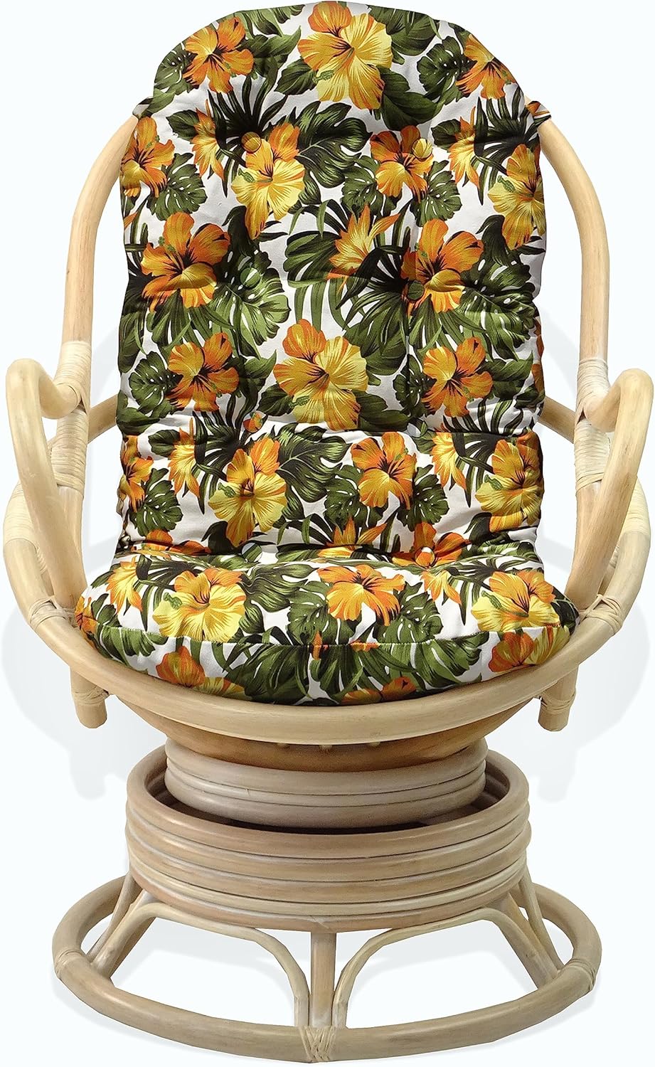 Java Lounge Swivel Rocking Chair with Floral Cushion Natural Rattan Wicker Handmade, White Wash