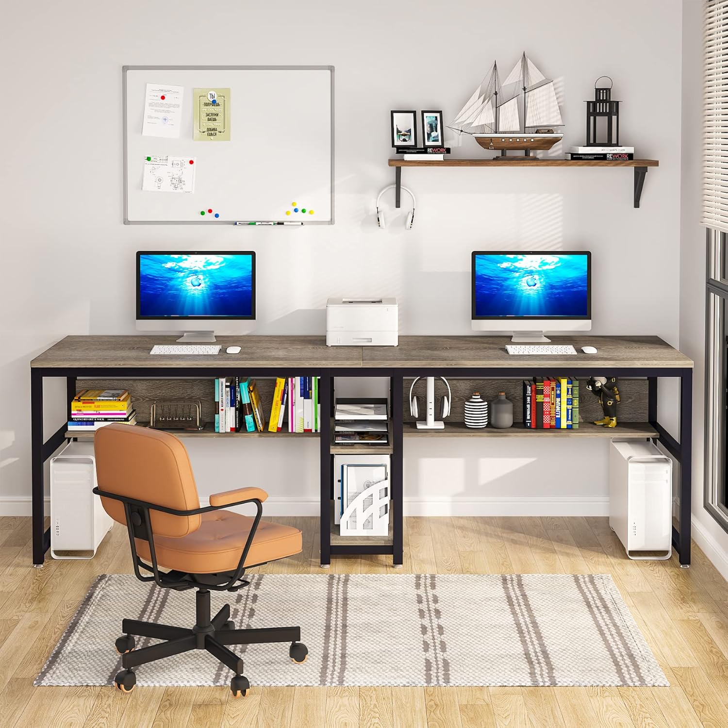 78.7" Two Person Desk with Bookshelf, Large Computer Office Double Desk for Two Person, Industrial Study Writing Table Workstation with Shelves for Home Office