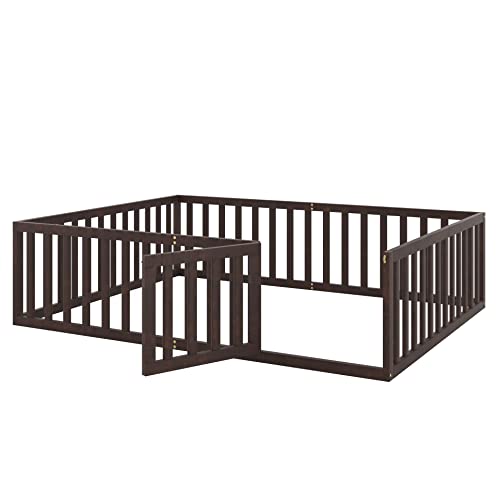 Twin Size Floor Bed Frame with Safety Fence and Door, Solid Wood Toddler Floor Bed with Fence, Twin Montessori Floor Bed Frame for Kids Girls Boys, Natural