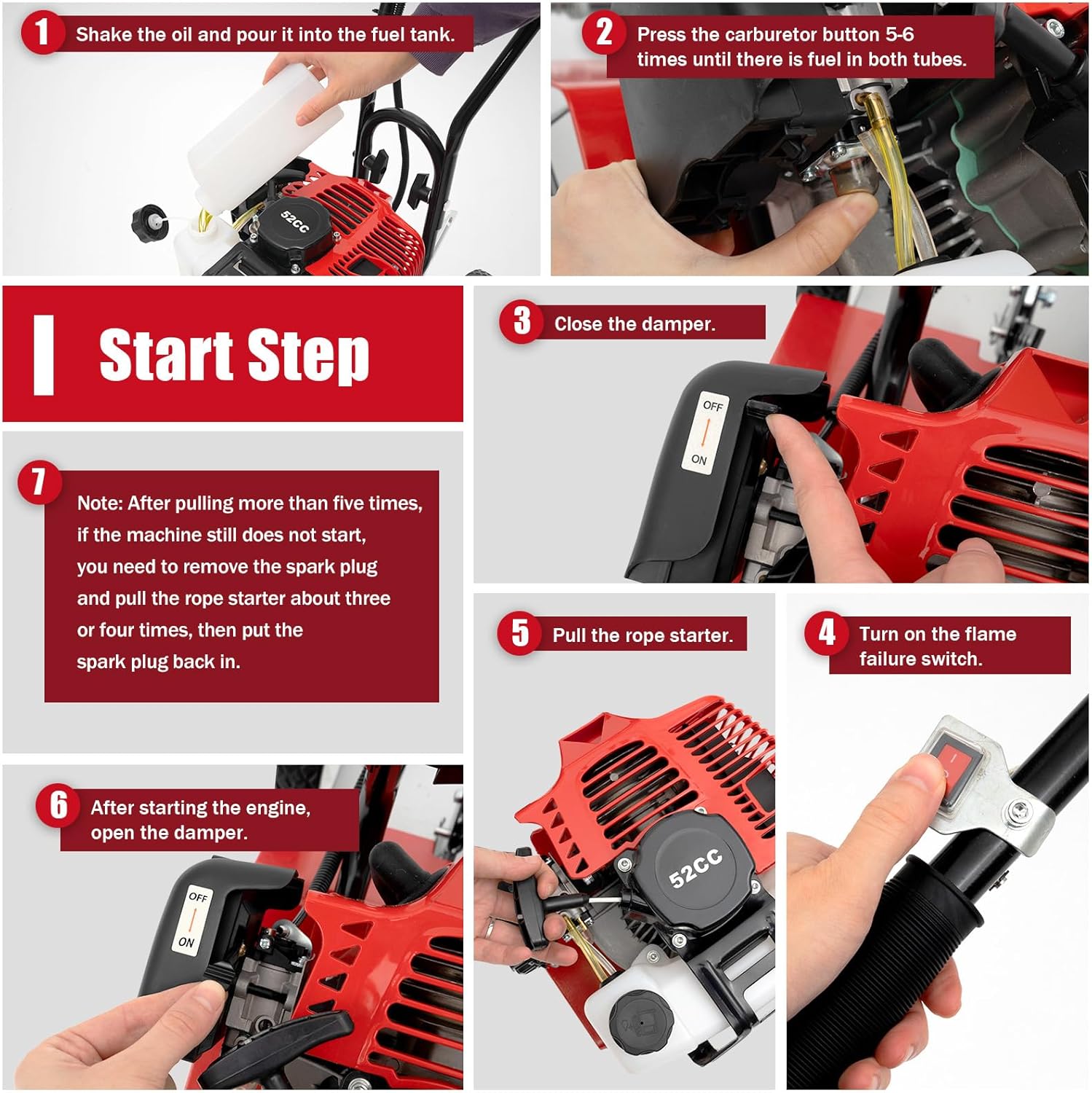 Mini Tiller Cultivator, Powerful 52cc Two-stroke Single-cylinder Gasoline Engine, Gear Drive Transmission, Height Adjustable Wheels, for Gardening