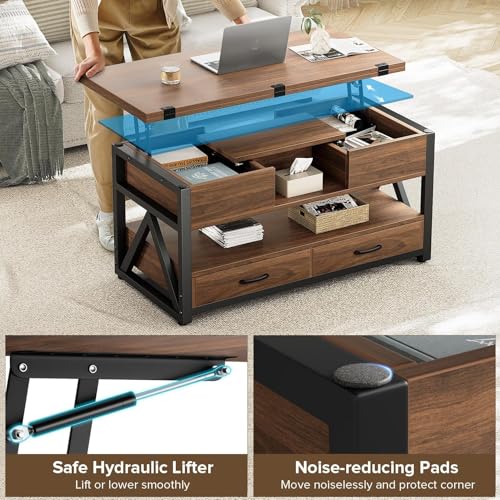 40" Lift Top Coffee Table,4 in 1 Multi-Function Lift Coffee Tables with Storage Drawers and Hidden Compartmen,Farmhouse Coffee Table with Lifting top for Living Room,Black