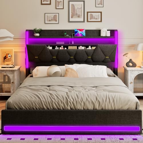 King LED Bed Frame with Hidden Storage and 2-Tier Storage Shelvs Headboard,Bed Frame with Charging Station and LED Lights,No Box Spring Needed, Dark Gray Linen Cloth