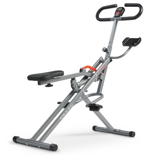 Sunny Health & Fitness Row-N-Ride PRO, Full Body Combo Squat Machine w/Optional Resistance Band, Easy Setup Ab Workout Exercise Equipment for Home, Whole Body Cardio, Optional SunnyFit App Connection