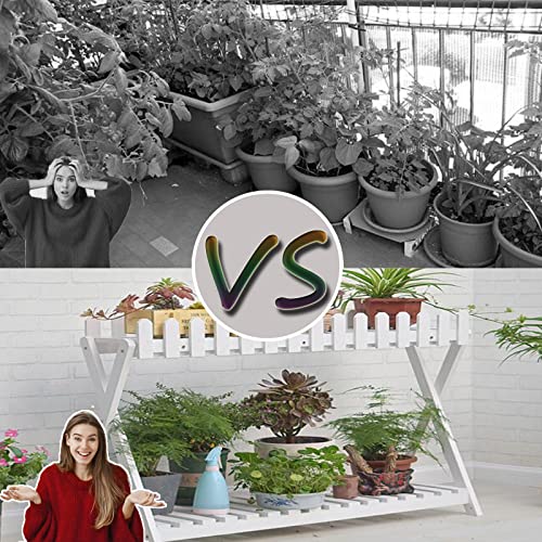 Wooden Flower Ladder Shelf, 2 Tier White Plant Shelf, Indoor Outdoor Garden Balcony Staircase Stand (88cm)