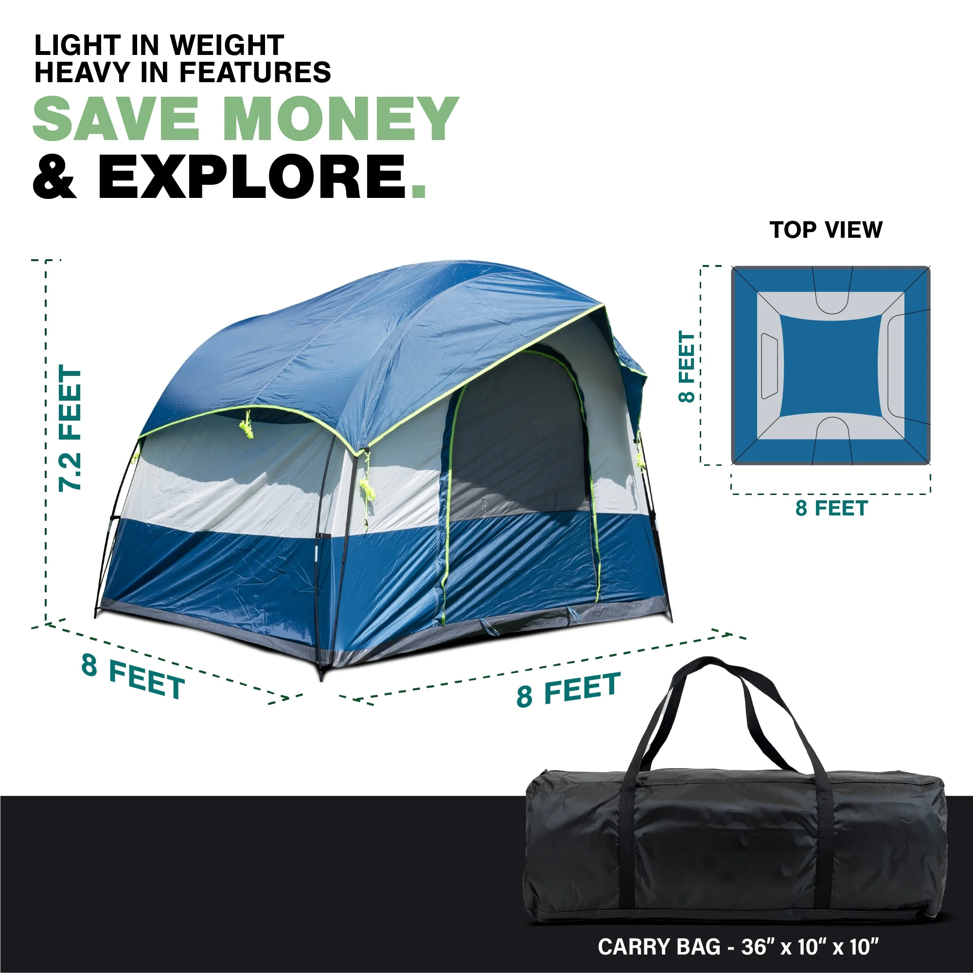 North East Harbor Universal SUV Camping Tent - Up to 8-Person Sleeping Capacity, Includes Rainfly and Storage Bag - 8' W x 8' L x 7.2' H - Gray and Blue
