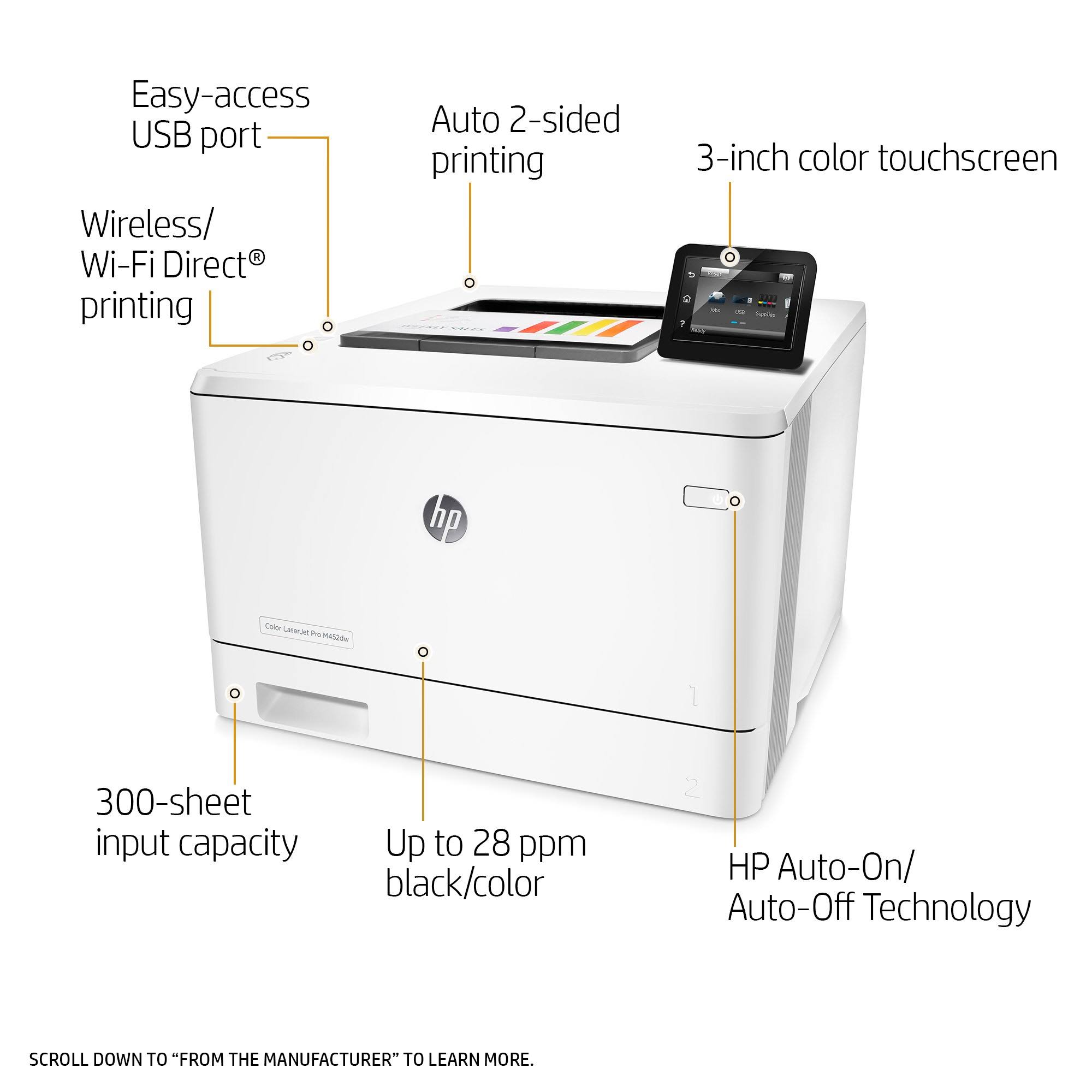 HP LaserJet Pro M452dw Wireless Color Laser Printer with Duplex Printing (CF394A)