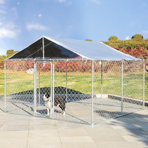LEISU Outdoor Dog Kennel, Outside Dog Kennel with Roof, Large Dog Run Enclosure, Heavy Duty Dog Pens House, Pet Playpen with Galvanized Chain Link Waterproof Cover (8 x 8 FT)