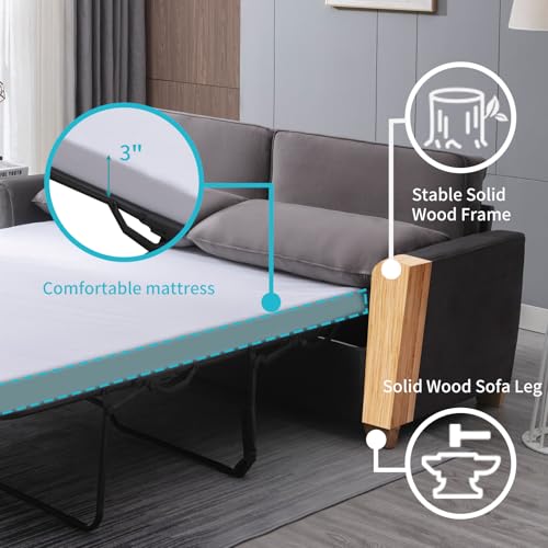 CECER Queen Size Pull Out Sofa Bed, 2-in-1 Design Pull Out Couch Bed with Foldable Mattress, Upholstered Velvet Convertible Sleeper Couch Bed for Living Room, Apartment, Office (Queen, Beige)