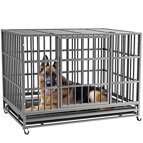 LEMBERI 48/38 inch Heavy Duty Indestructible Dog Crate, Escape Proof Dogs Cage Kennel with Lockable Wheels,High Anxiety Double Door Kennel,Extra Large Crate Indoor for Large Dog with Removable Tray