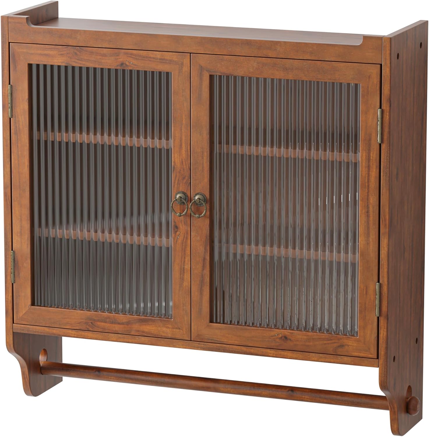 Retro Style Haze Double Glass Door Wood Wall Cabinet with Detachable Shelves for Office, Dining Room,Living Room, Kitchen and Bathroom Brown