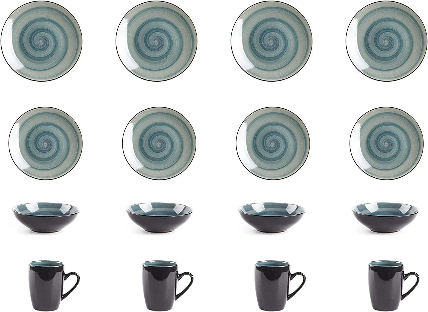 Sonoma 16 Piece Stoneware Dinner Set, Outside Black + Inside Handpainted Color Blue
