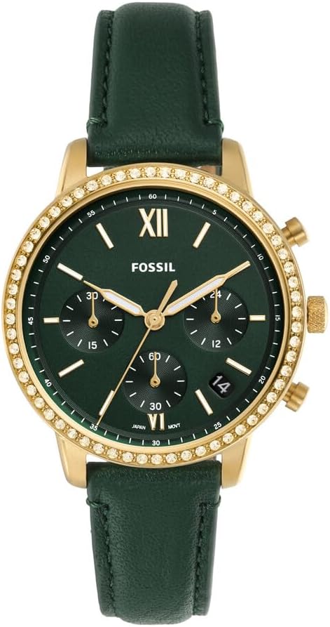 Fossil Women's Neutra Quartz Stainless Steel and Eco Leather Chronograph Watch, Color: Gold, Green (Model: ES5239)