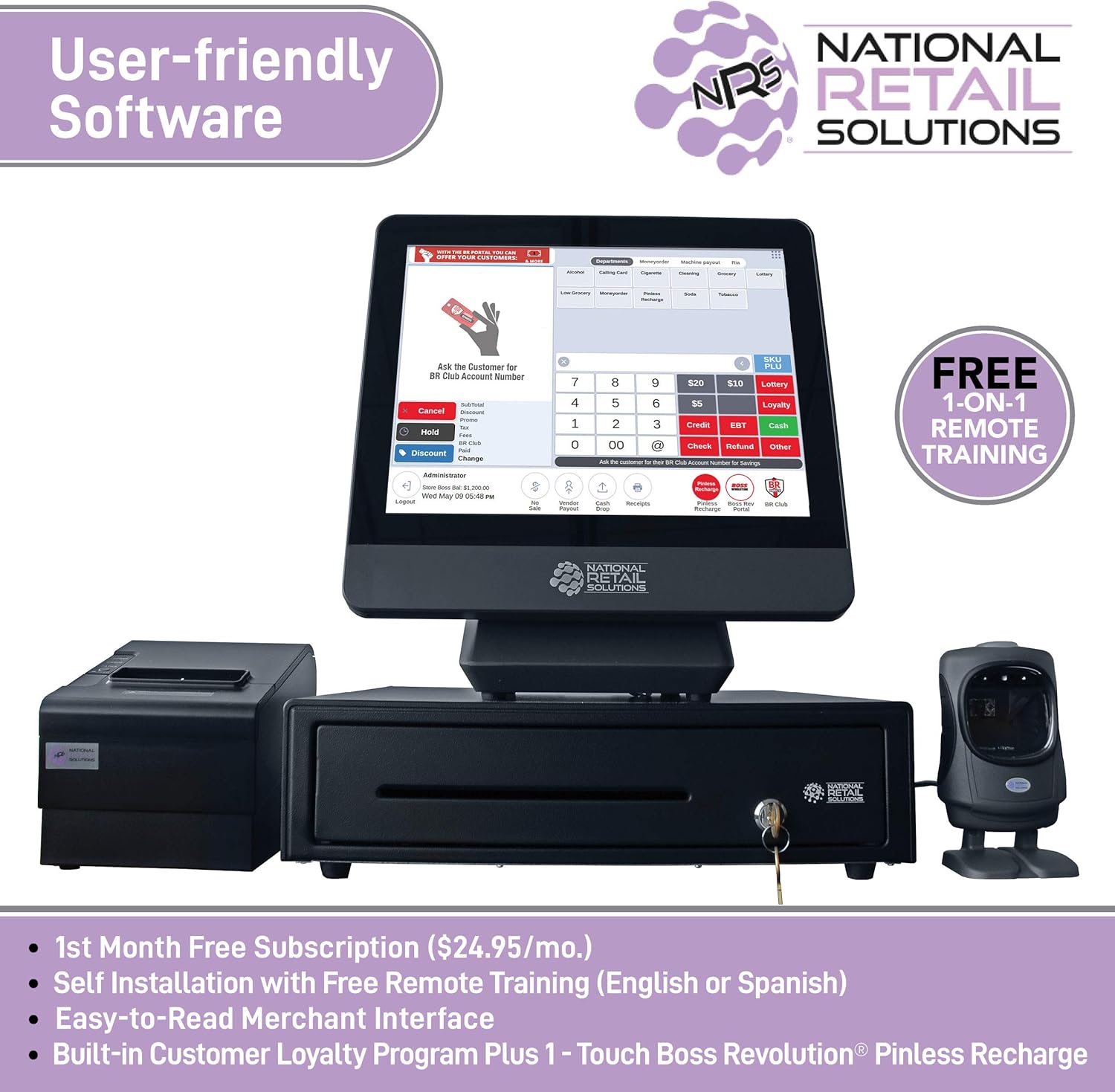 NRS LITE Cash Register for Small Businesses (USA ONLY) - POS System Bundle Includes - Merchant Touch Screen Monitor with Customer-Facing Display, Barcode Scanner & Thermal Receipt Printer