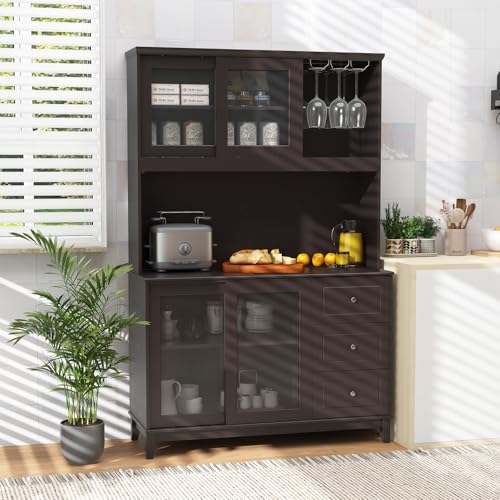 Giantex 73" Kitchen Pantry Storage Cabinet, Hutch Cabinet with LED Lights & Power Outlet, Kitchen Buffet Cabinet w/Wine Glass Racks, Countertop, Adjustable Shelves, Drawers for Dining Room (Espresso)