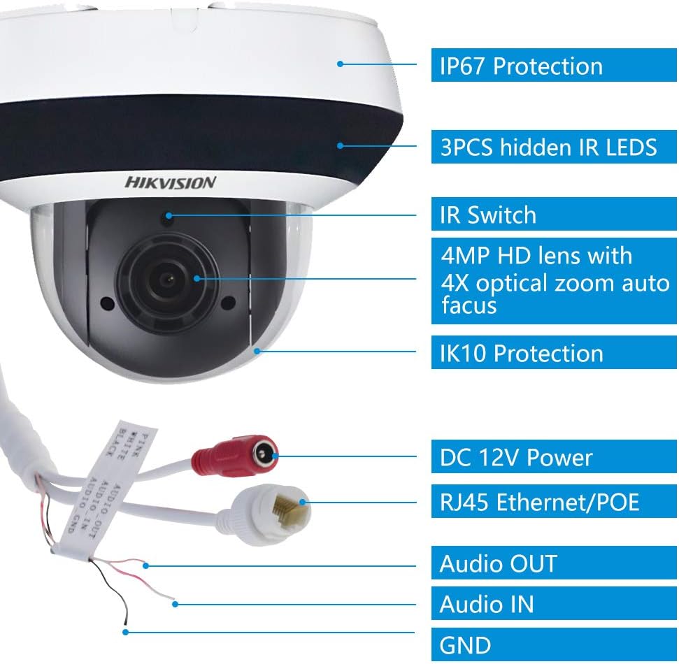 Hikvision 4MP POE Mini PTZ IP Camera DS-2DE2A404IW-DE3,Pan/Tilt/2.8mm~12mm 4X Optical Zoom，Smart IR Night Vision，Audio/Alram Interface， H.265+, Upgrade Version for DS-2DE3304W-DE