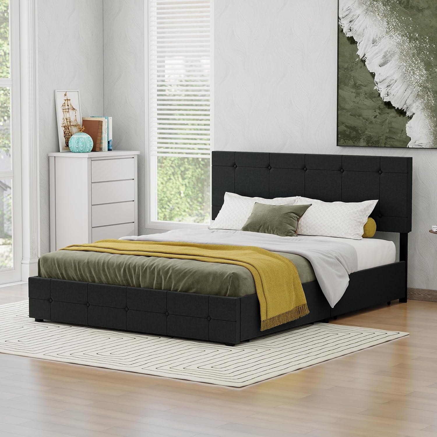 NNV Linen Upholstered Queen Size Platform Bed Frame with 4 Storage Drawers, Black