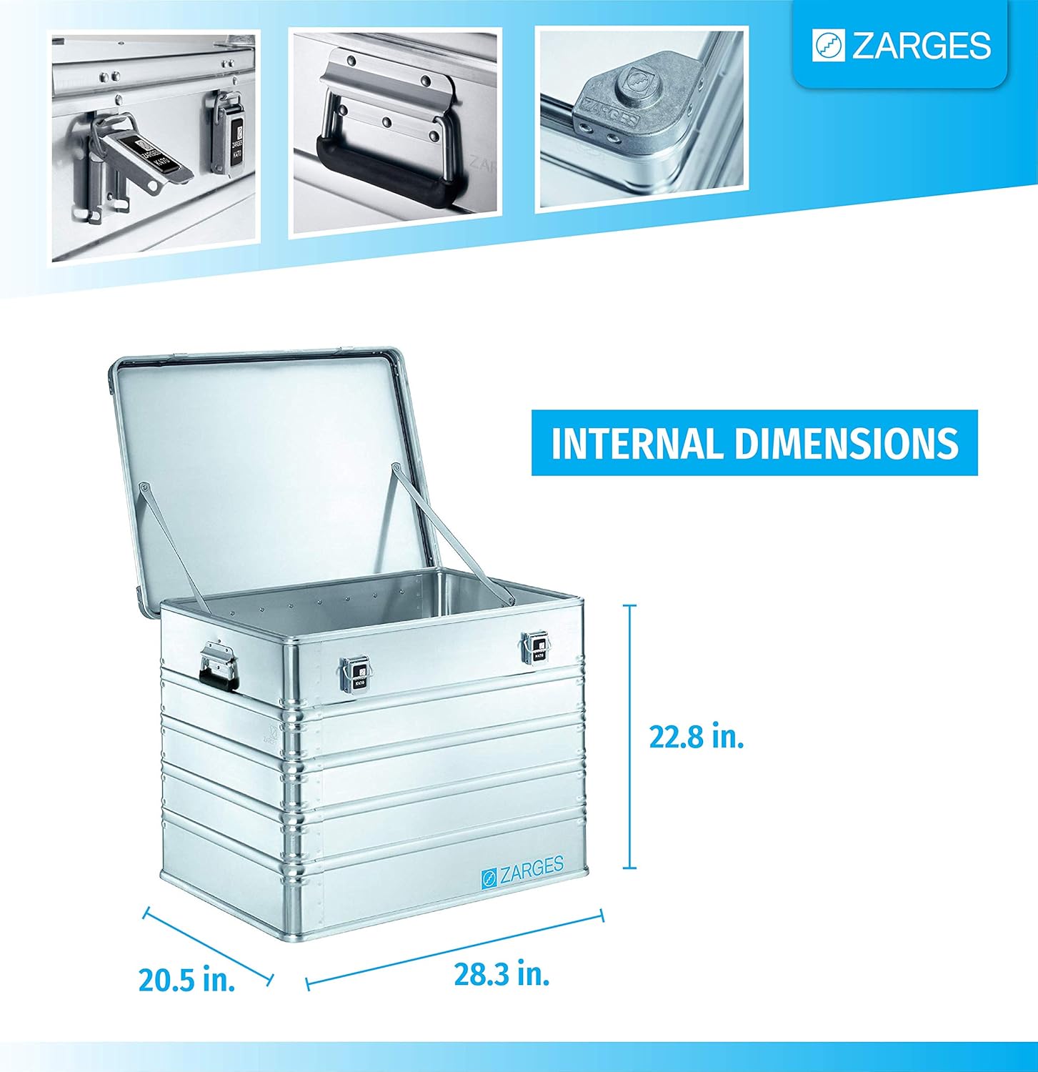 Zarges?K470 Aluminum Hard Protective Carrying Case, Portable Stackable Storage, Customizable Safe Lock Box, Dust and Water Resistant (44.1 x 28.3 x 18.9 Inches)