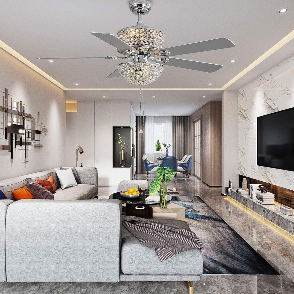 TFCFL Modern 52in Crystal Ceiling Fan with Light and Remote 5 Blades Chandelier Fan Lighting with 3 Speed Adjustable & Timing Function, Crystal Ceiling Fan for Living Room Bedroom Office (Silver)