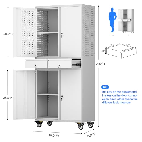 73" H Metal Storage Cabinet with Wheels, Garage Storage Cabinet with 4 Adjustable Shelves and Lockable Doors for Garage Home Office Utility Room,Required Assembly,Black