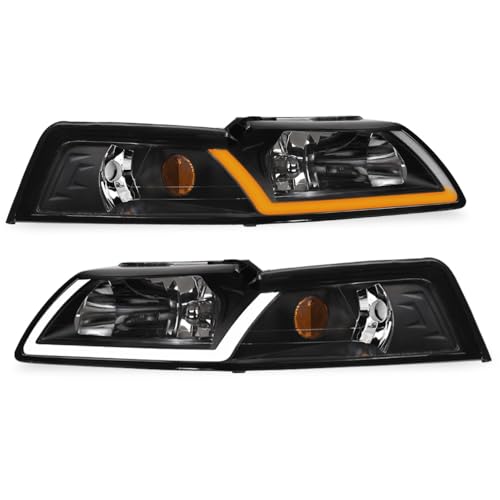 7422440591543 Compatible With 1999-2004 Ford Mustang Switchback Sequential LED Strip Bar Chrome Housing Headlights With Amber Reflector