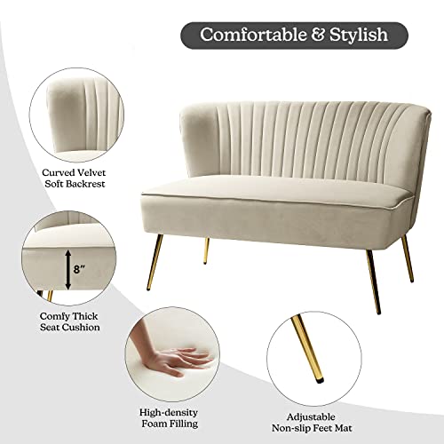 TINA'S HOME Contemporary Velvet Loveseat Sofa, Upholstered Loveseat Couch with Golden Metal Legs, Small Tufted 2-Seat Sofa Armless Love Seat for Living Room, Bedroom, Apartment Small Spaces, TAN