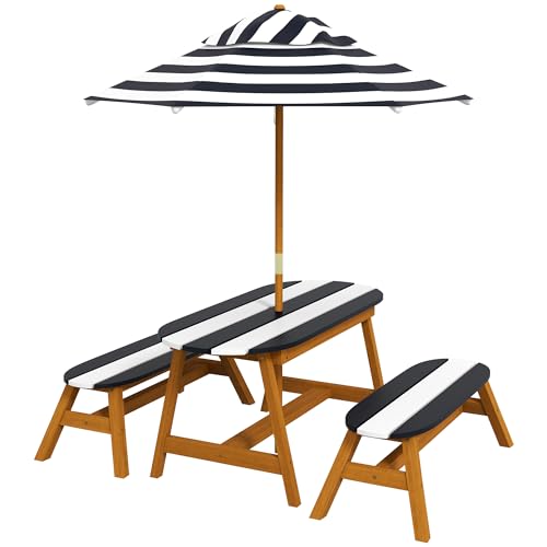 Outsunny Kids Picnic Table Set, Wooden Kids Table and Benches Set with Removable Umbrella, Kids Garden Furniture Set for 2-4 Kids Ages 3-8 Years Old, for Patio, Backyard, Outdoor Indoor Use