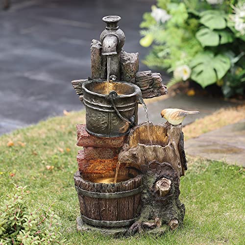 LuxenHome 22.4" Farmhouse Pump and Pots Resin Outdoor Fountain with LED Lights Outdoor and Indoor Water Fountain for Gardens, Landscaping, Patios, Balconies, and Lawns