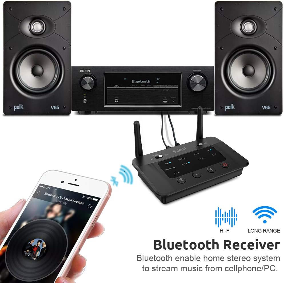 1Mii B03 Long Range Bluetooth 5.0 Transmitter Receiver for TV Home Stereo BT Headphones, aptX Low Latency Bluetooth Audio Adapter, Splitter for Wired & Wireless, Optical RCA AUX 3.5mm [Upgraded]