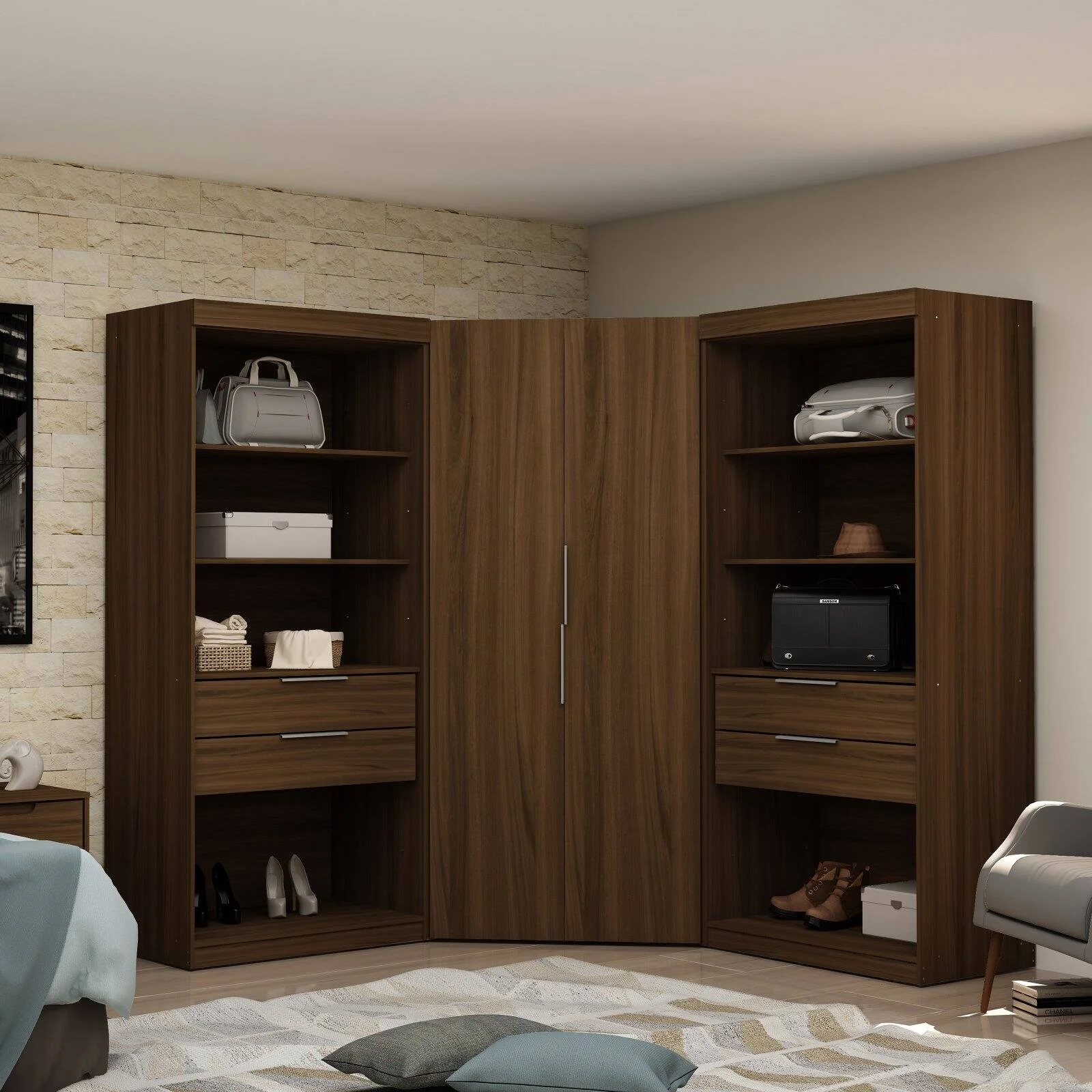 Manhattan Comfort Mulberry 2.0 Semi Open 3 Sectional Modern Wardrobe Corner Closet with 4 Drawers - Set of 3 in White