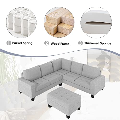 Sectional Corner Sofa L-Shape Couch Space Saving with Storage Ottoman & Cup Holders Design for Large Space Dorm Apartment,Light Grey Living Room Sectionals