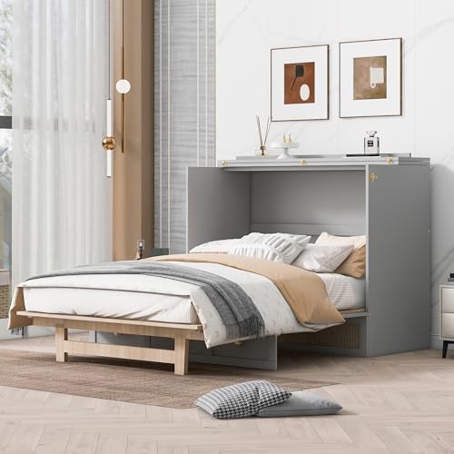 P PURLOVE Queen Size Murphy Bed,Folding Solid Wood Murphy Cabinet Bed,Queen Wall Bed with Storage Drawers,Green