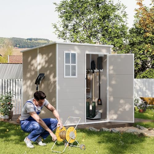 UDPATIO Outdoor Storage Shed 6 x 6 FT, Resin Garden Sheds with Floor Plastic Patio Outdoor Storage Shed with Lockable Door for Tool, Bike, Garbage Gray White