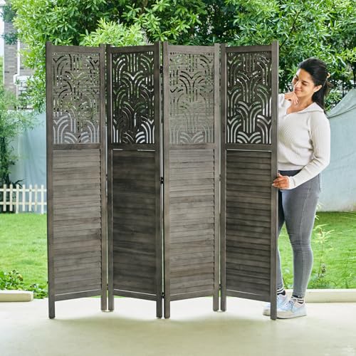 5.6 Ft Room Divider, Wood Carved Wall Divider Indoor Folding Portable Partition Screen for Home Office Garden Terrace - 4 Panel (Gray)