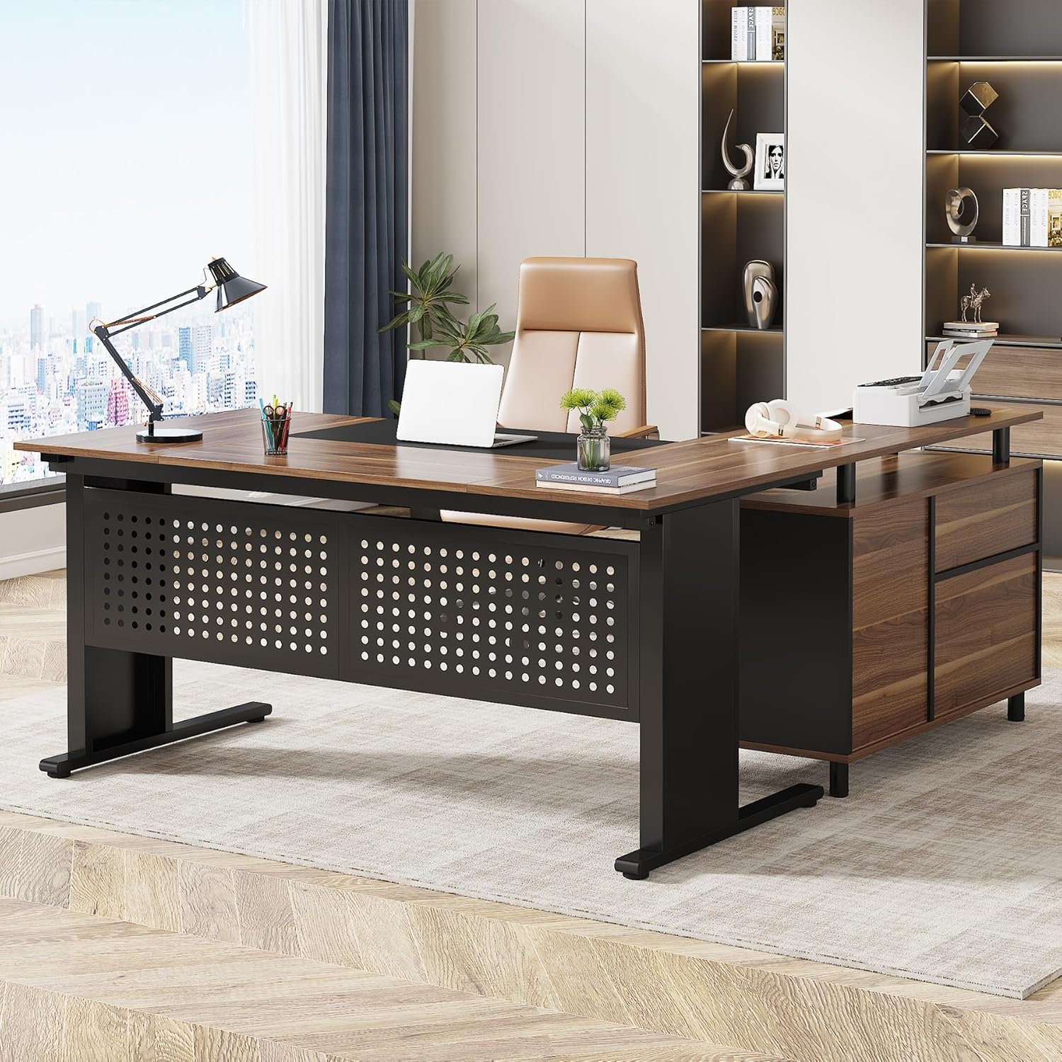 Large Computer Desk with File Cabinet, 63 Inch Executive Desk L Shaped Office Desk, Business Furniture Desk Workstation for Home Office, Brown and Black