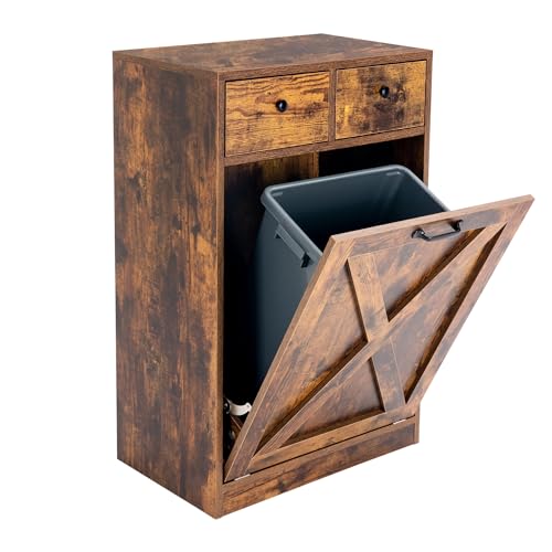 13 Gallon Tilt Out Trash Cabinet with 2 Drawers Wood Hidden Kitchen Recycling Cabinet Free Standing Pet Proof Trash Can Laundry Cabinet for Kitchen (Rustic Brown)