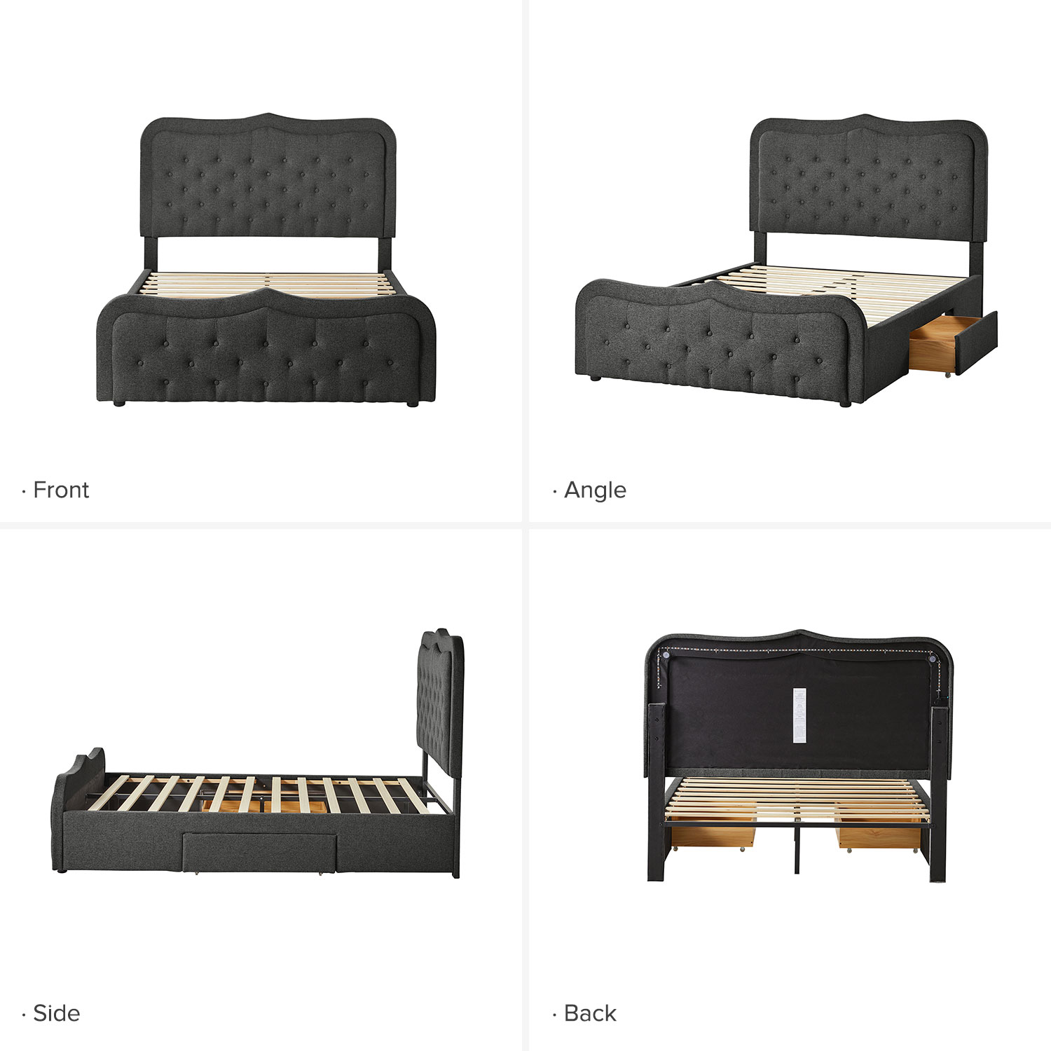 Modern King Platform Bed Frame with 7 Color LED Lights Button Adjustable Tufted Upholstered Headboard Storage Drawers Footboard Charcoal