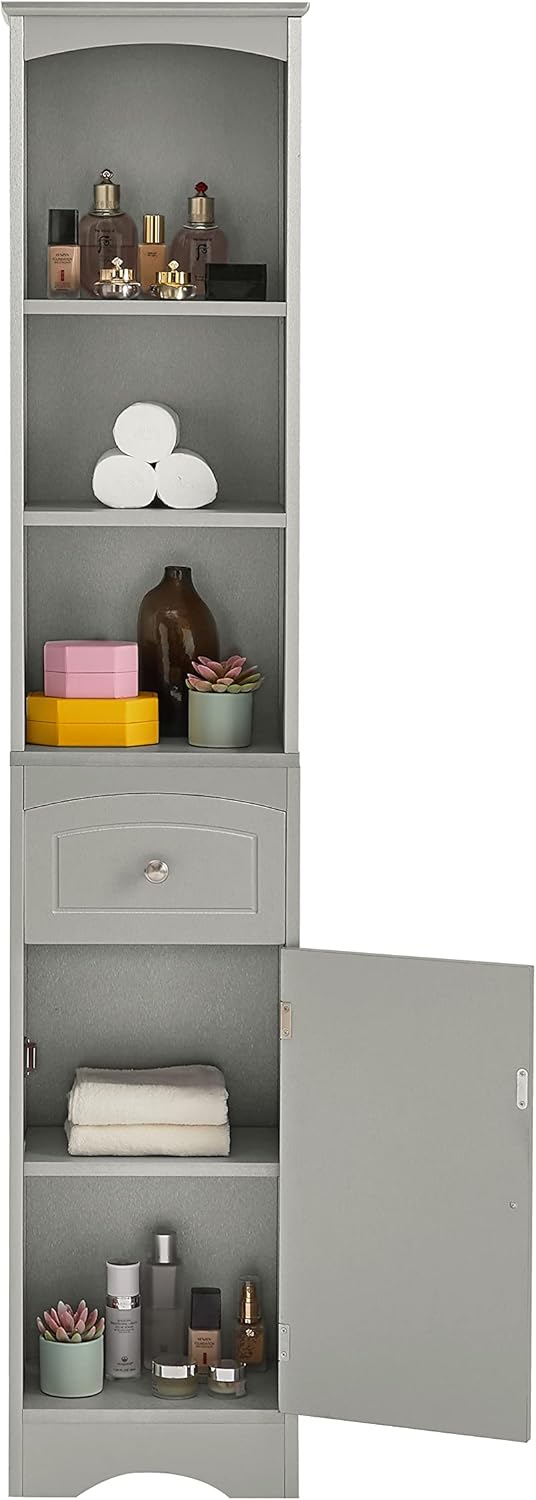 Tall Slim Bathroom Storage, Narrow Freestanding Floor Cabinets Tower w/ 3-Tier Adjustable Shelf and 1 Drawer for Home, Kitchen, Living Room, Anti-Tipping, 13.4" L x 9.1''W x 66.9''H, Grey