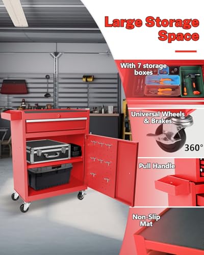 Heavy-Duty 7-Drawer Rolling Tool Chest with Wheels, Steel Tool Storage Cabinet with Lock & Liner for Workshop for Workshop/Garage - Includes 7 Organizer Boxes, Black